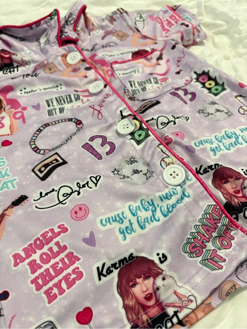 Taylor Swift Light Pink and Purple Graphic Short Pajama Set for Kids